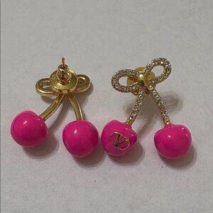 Gold Bow Earrings with Hot Pink Cherry Drops